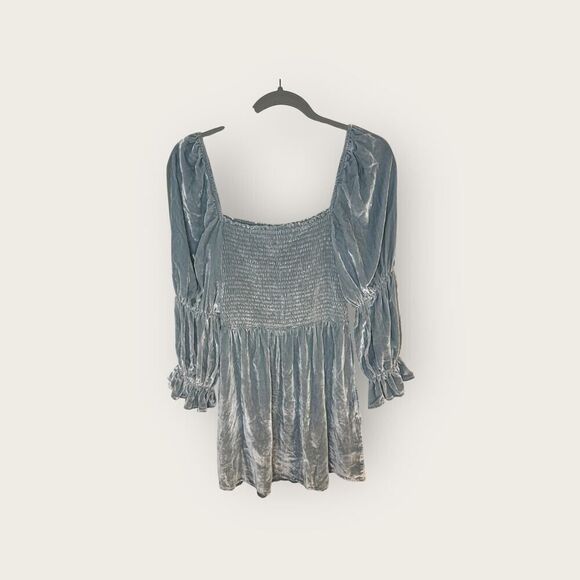 Reformation Albi Velvet Smocked Mini Dress Powder Blue Size Medium - Picture 3 of 7